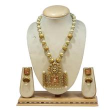 Golden Pearl Temple Necklace And Pijada Earring Set For Women