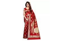 Red Peacock Printed Saree With Blouse Piece For Women