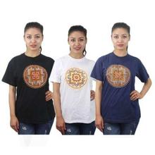 Pack Of 3 Mandala Embroidered 100% Cotton T-Shirt For Women- Black/White/Blue