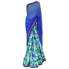 Royal Blue/Green Floral Georgette Silk Saree With Blouse Piece For Women