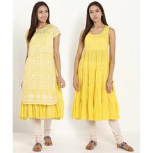 Women Printed Cotton Blend Flared Kurta  (Yellow)