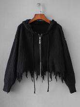 Frayed Drawstring Detail Hooded Sweater