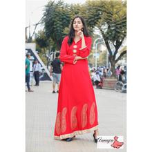 Red Long Gown With Golden Print For Women