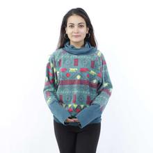 Petrol Blue Printed Fleece Sweater-WSW1093