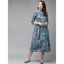 Women Grey & Blue Printed A-Line Fusion Kurta