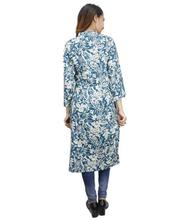 Blue Printed Mandarin Collar Rayon Kurti For Women