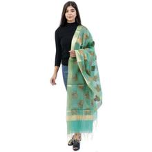 Aqua Green/Golden Raw Silk Printed Shawl For Women