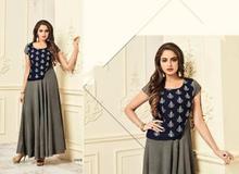 Grey/Blue Cotton Printed Flared Kurti For Women