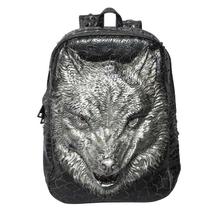 Black/Silver Wolf Design Genuine Leather Fashion Backpacks