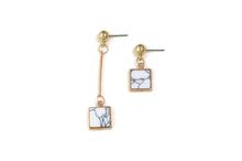 Gold Toned Square Asymmetrical Marble Faux Stone Drop Earrings