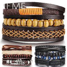 IF ME Wood Bead Male Multilayer Leather Bracelet Men Braided