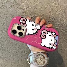 Hello Kitty Plating Metal Lens Frame Phone Case Compatible for iPhone 11 15 12 14 13 Pro Max 7Plus 7 8 Plus X XR XS Max Shockproof Pink Soft Cover