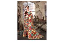 Floral Printed Saree With Unstitched Blouse For Women-Brown/Red