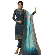 Stylee Lifestyle Navy Blue Satin Embroidered Dress Material - 2362