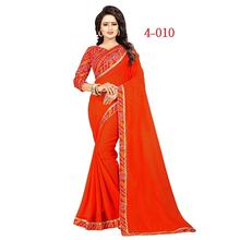 Red Bordered Marble Chiffon Saree With Unstitched Blouse For Women