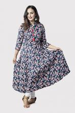 Navy Blue Printed Flared Umbrella Kurti For Women