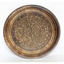 Flower Designed Round Wooden Tray - Brown