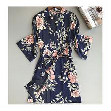 Navy Blue Satin Floral Kimono Robe & Nightwear For Women