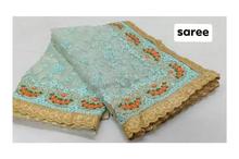 Light Blue Embroidered Net Saree With Unstitched Blouse For Women