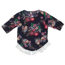 Navy Blue Floral Tasseled Tops For Girls