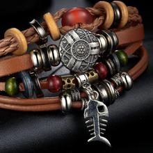 IF ME Vintage Pendent Fish Leather Bracelet For Men Multiple