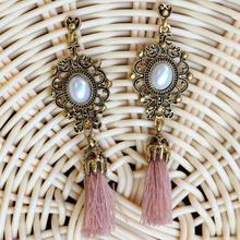 White Stone Peach Tassel Drop Earrings