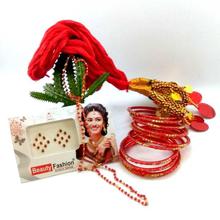 Combo Of Gold Plated Potey Mala + Bangles + Hair Dhaago and Free Tika- Golden/Red/Green