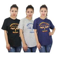 Pack Of 3 Eye Embroidered 100% Cotton T-Shirt For Women- Black/Grey/Blue