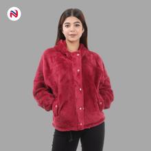 Nyptra Maroon Solid Fur Pullover Hoodie Jacket For Women