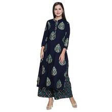 Ishin Viscose Rayon Navy Blue Printed A-line Women's Kurta &