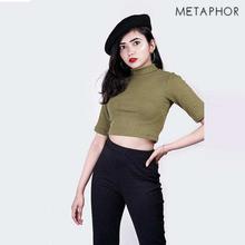 METAPHOR Green Solid Crop Top For Women - MT108M