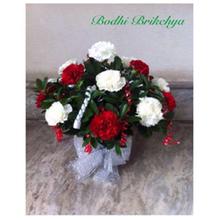 Red and White Carnations Arranged In a Square Nepali Paper Box Bouquet