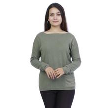 Light Green Front Pocket Designed Mix Cashmere T-Shirt For Women