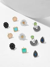 Square & Flower Stud Earrings 6pairs