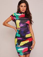 SHEIN Mock-neck Brush Stroke Print Bodycon Dress