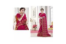 Embroidered Saree With Unstitched Blouse For Women-Dark Pink