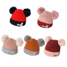 Cute Baby Soft Warm Woolen Fur Pom Pom Winter Hat With Fur Inside