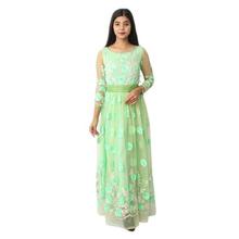 Green/White Floral Party Net Gown For Women