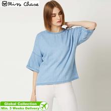 Miss Chase Light blue Cotton Boxy For Women I'm sinking under Denim Top