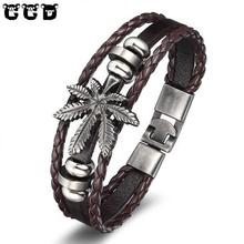 New 2018 Fashion Men's Leather Leaf Bracelets Rock Punk Skeleton Charms Cuff Bracelet Bangles Casual Jewelry Male Accessories