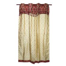 Maroon/Cream Floral Tasseled Curtain Set - 2 Pcs