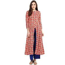 Jaipur Kurti Coral Block Print Kurta With Blue Palazzo Set