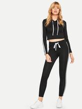 Hoodie Drawstring Top With Striped Tape Side Pants