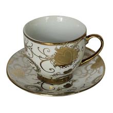 White/Golden Printed Cup With Saucer Set - 6 Sets