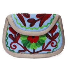 Light Blue/Maroon Floral Embroidered Small Zip Purse For Women