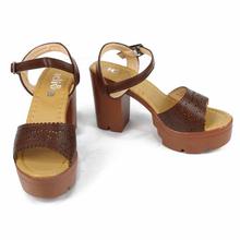 Brown Laser Cut Ankle Strap Block Heel Shoes For Women