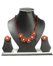 Red/White Flower Bead Woven Pote Necklace With Earrings Set For Women