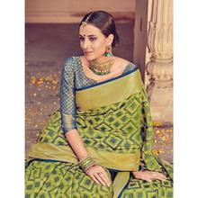 Stylee Lifestyle Full Geometric Jacquard Woven Design With Jacquard Blouse Green Saree with Blue Blouse for Wedding, Party and Festival