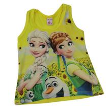 Yellow Elsa/Anna Printed Frozen Designed Sleeveless T-Shirt For Girls