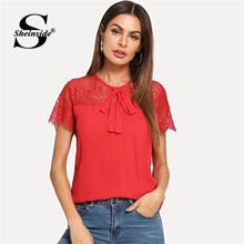 Sheinside Elegant Summer Blouse Women Tie Neck Lace Shoulder